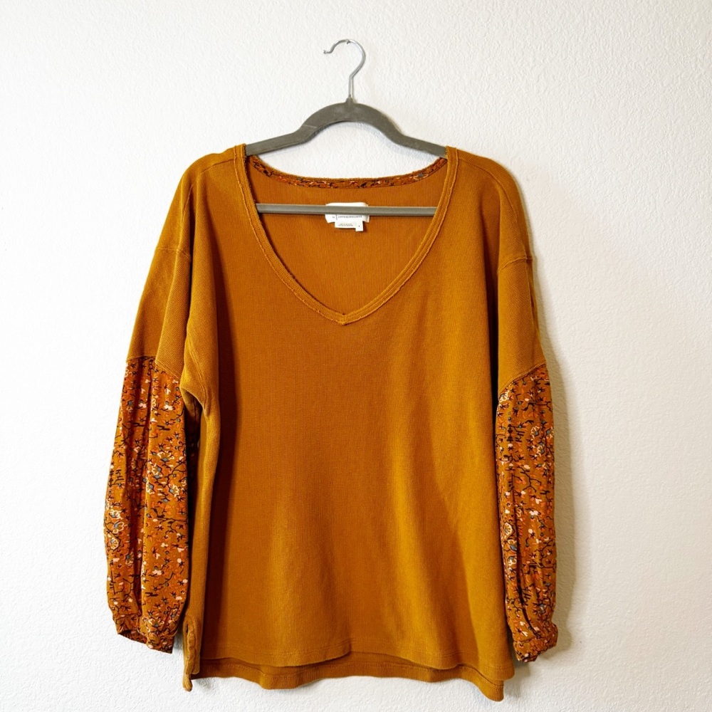 Anthropologie Waffle Knit Floral Printed Sleeve Annette Top Women’s Size Small - Picture 2 of 13